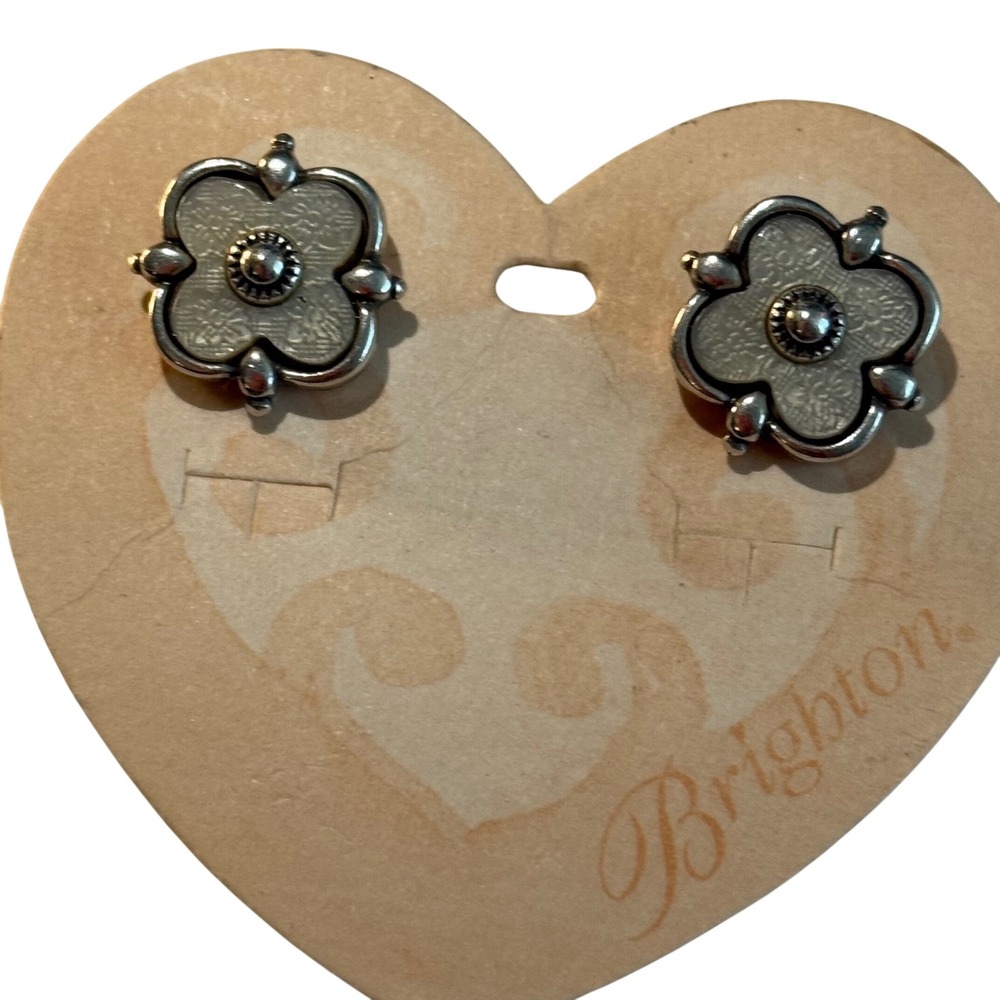Brighton Silver Tone Floral Flower Stud‎ Earrings Cream Inlay